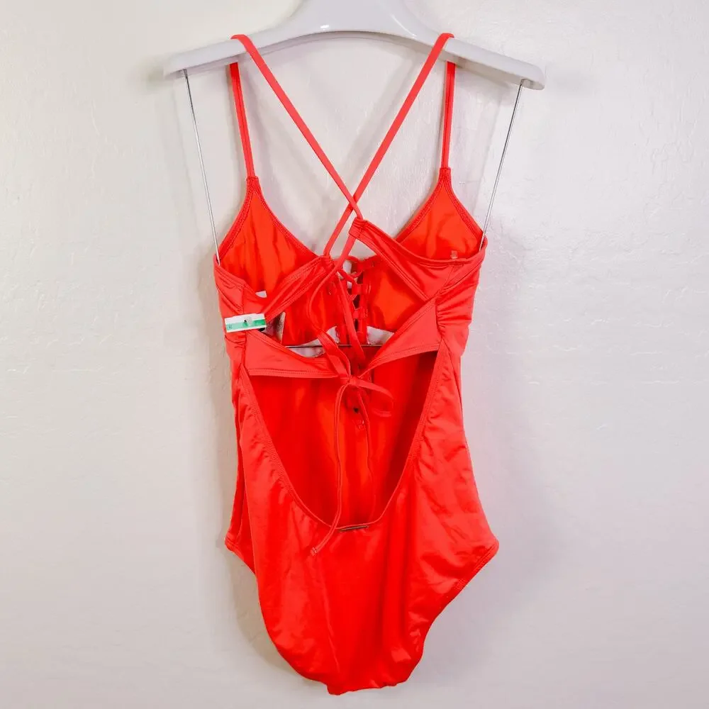 Laundry by Design Plunge Lace Up One Piece Swimsuit Swimwear Coral Medium NWT